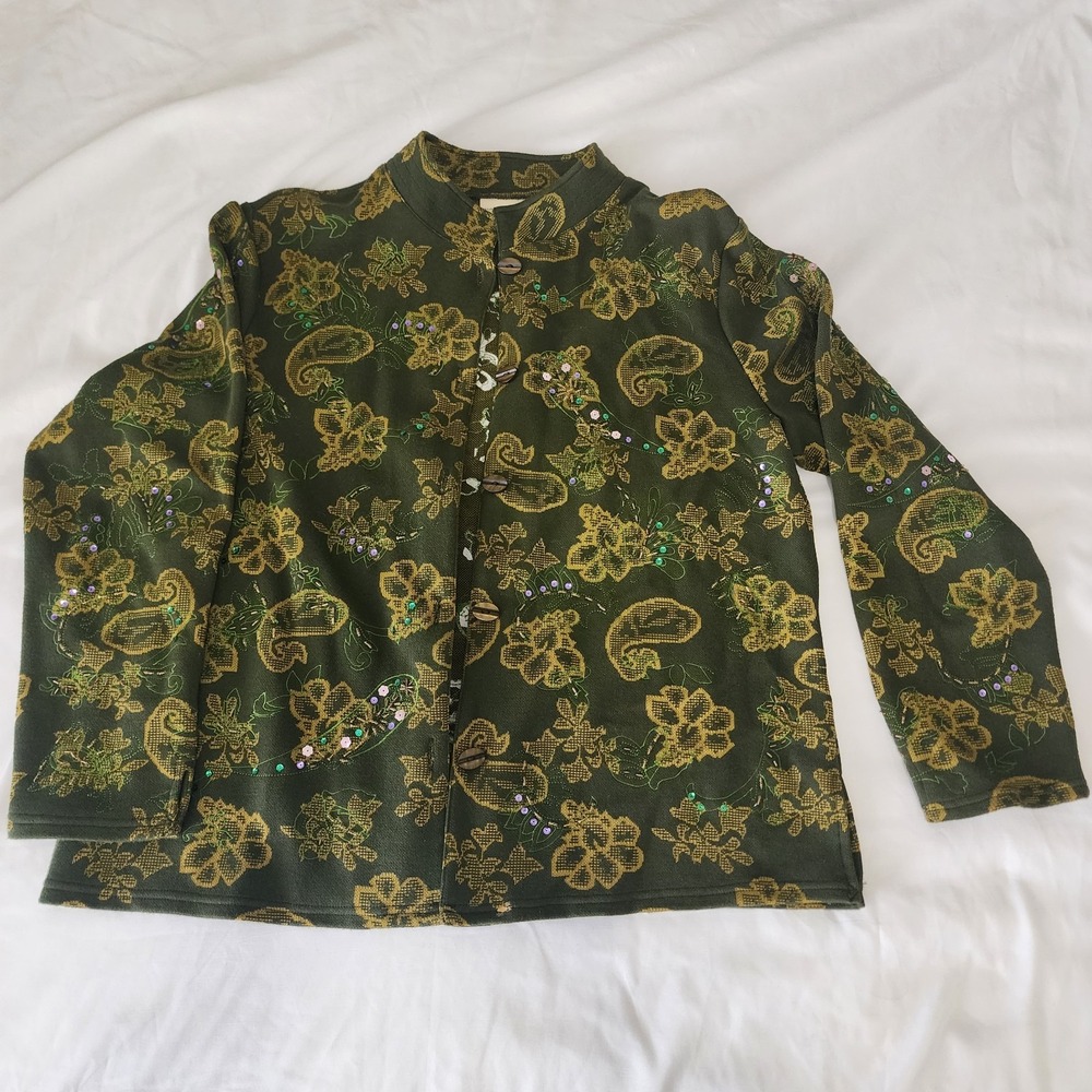 Marsh Landing Coat Large Green Floral Sequin Button Up Blazer Beaded Olive Green